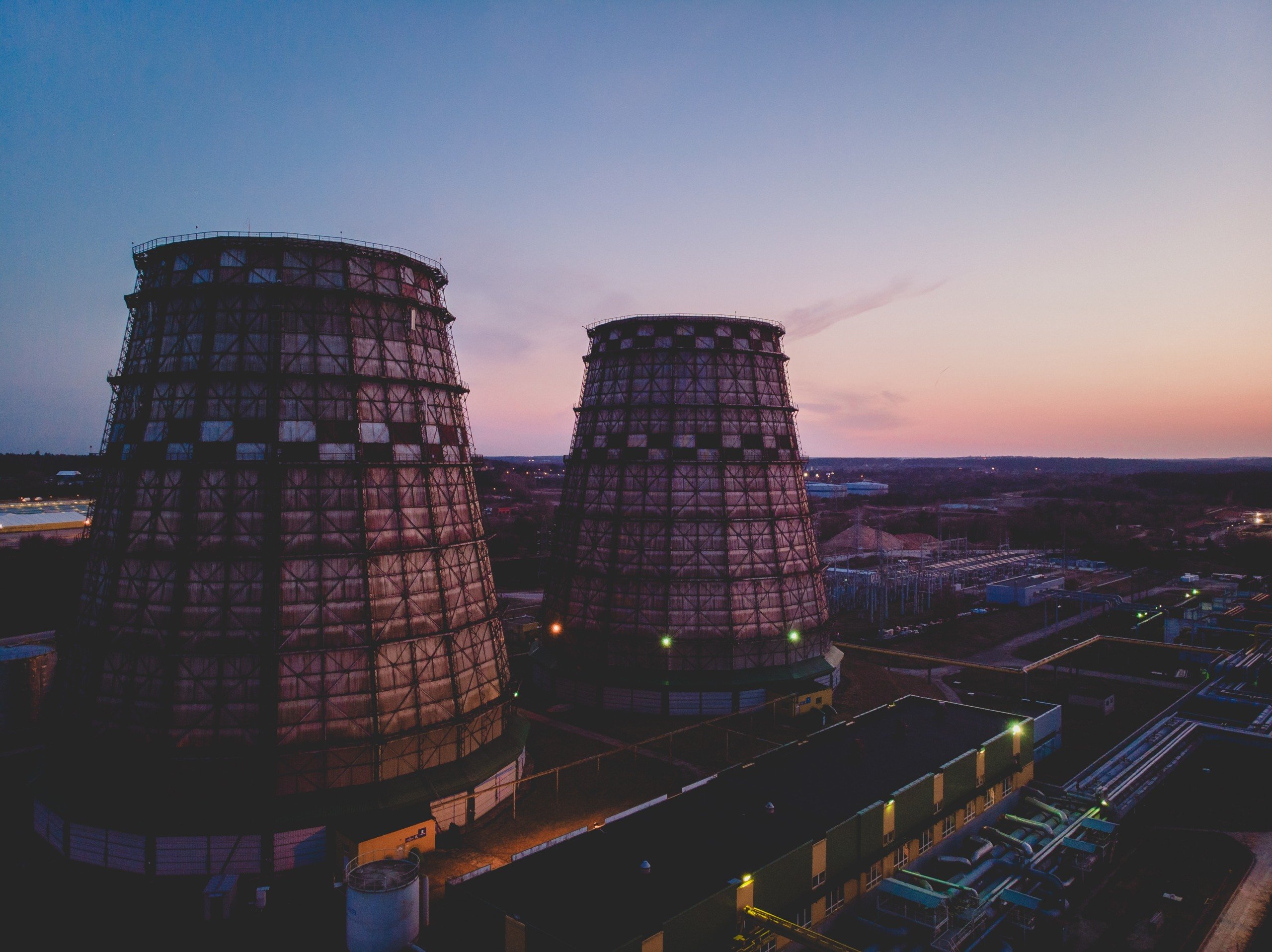 An aerial shot of two power plant during sunset in Vilnius