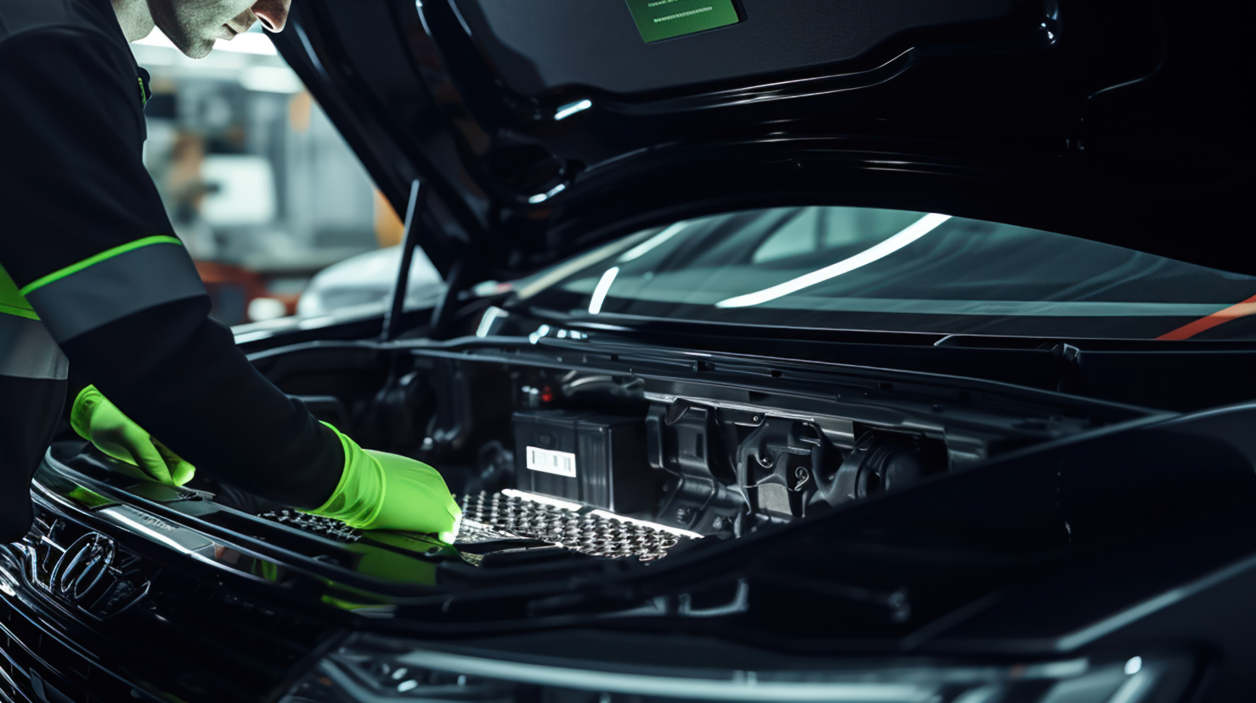 Hands work on an electric car’s lithium-ion battery.